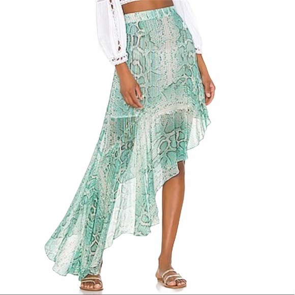 Rococo Sand- Teal and Gold Asymmetrical Snake Print Ruffle Mini Skirt - Picture 1 of 6